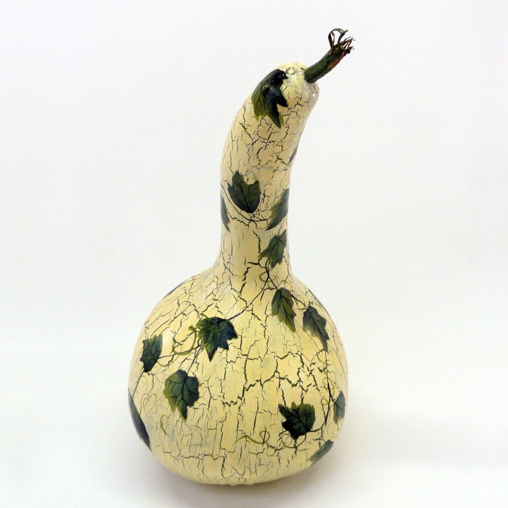 Hand Painted Dried Gourd Long Neck Crackle Finish Green Ivy Vine Decor Rattle - Picture 3 of 11